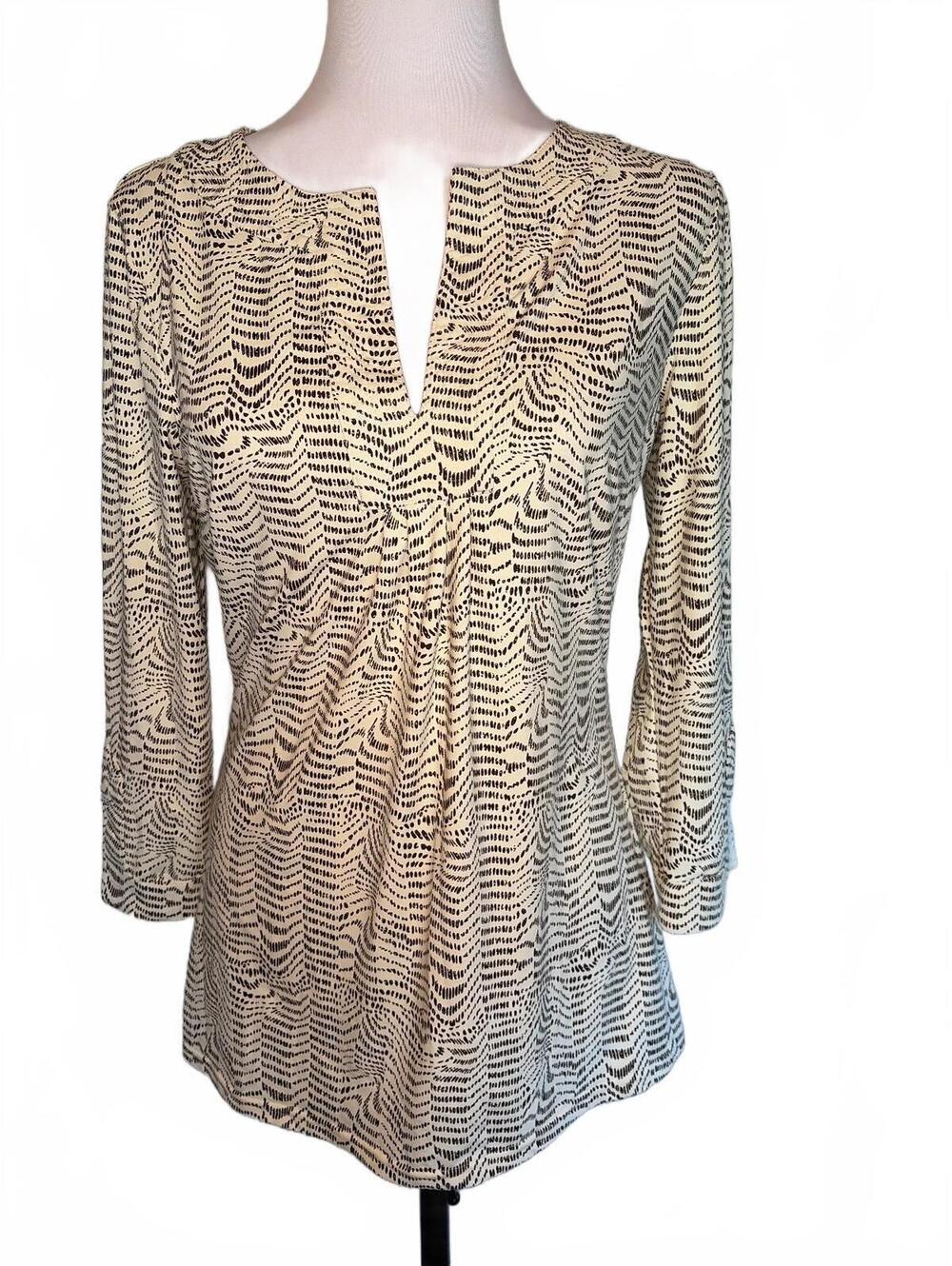 Ellie Kai Women 4 Cream Brown Abstract Print Blouse Boho Chic Resort Artsy Chic